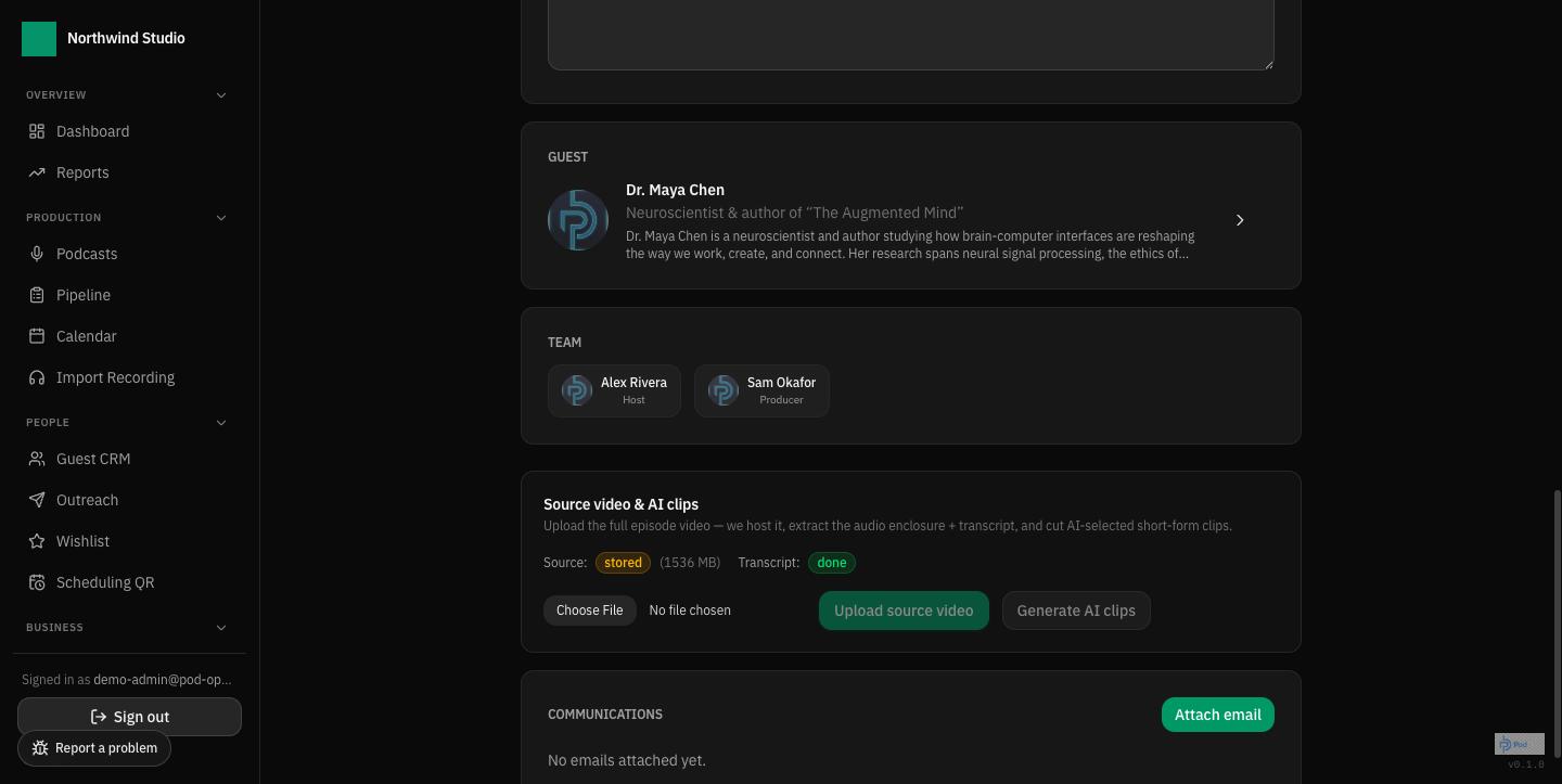 Content Hub: upload once, get audio + transcript + AI-selected clips